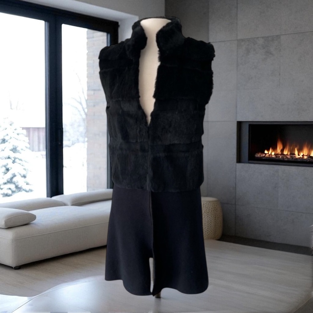 LOVE TOKEN Genuine Rabbit Fur Long Black Vest Size Small